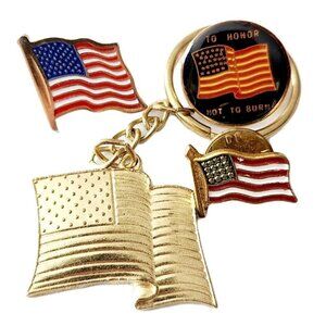 1970-00s MCM Lot Of 4 American Flag Pins Keychain Vintage Gold Tone Enamel E8A